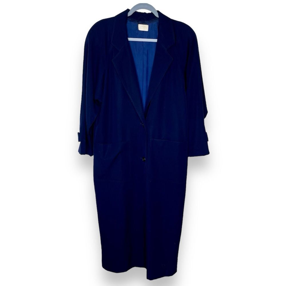 Vintage 1970s Sanyo 100% Wool Navy Blue Long Coat Womens Size 10 Overcoat Duster